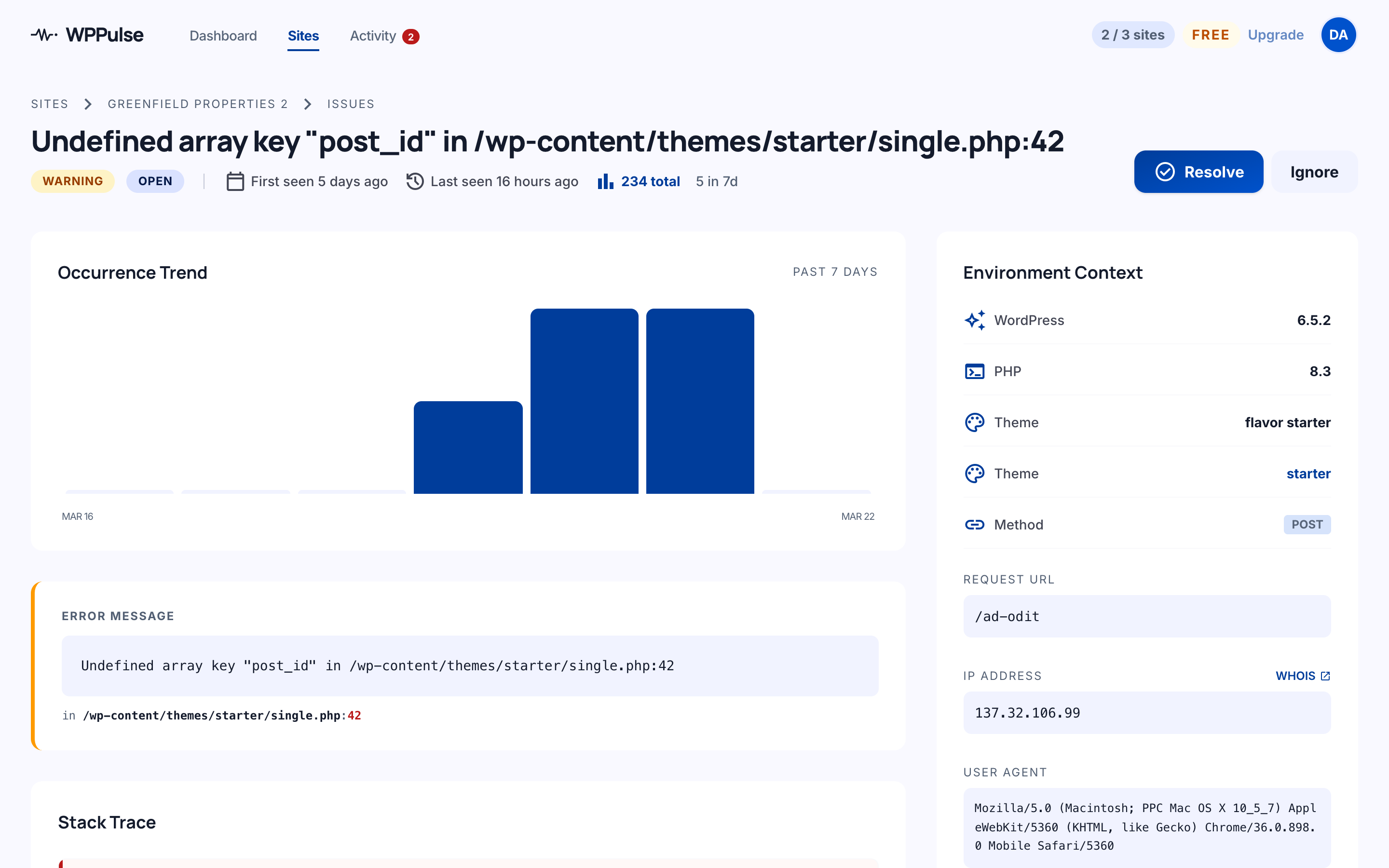 WPPulse Issue Detail — full stack trace, occurrence trend, environment context
